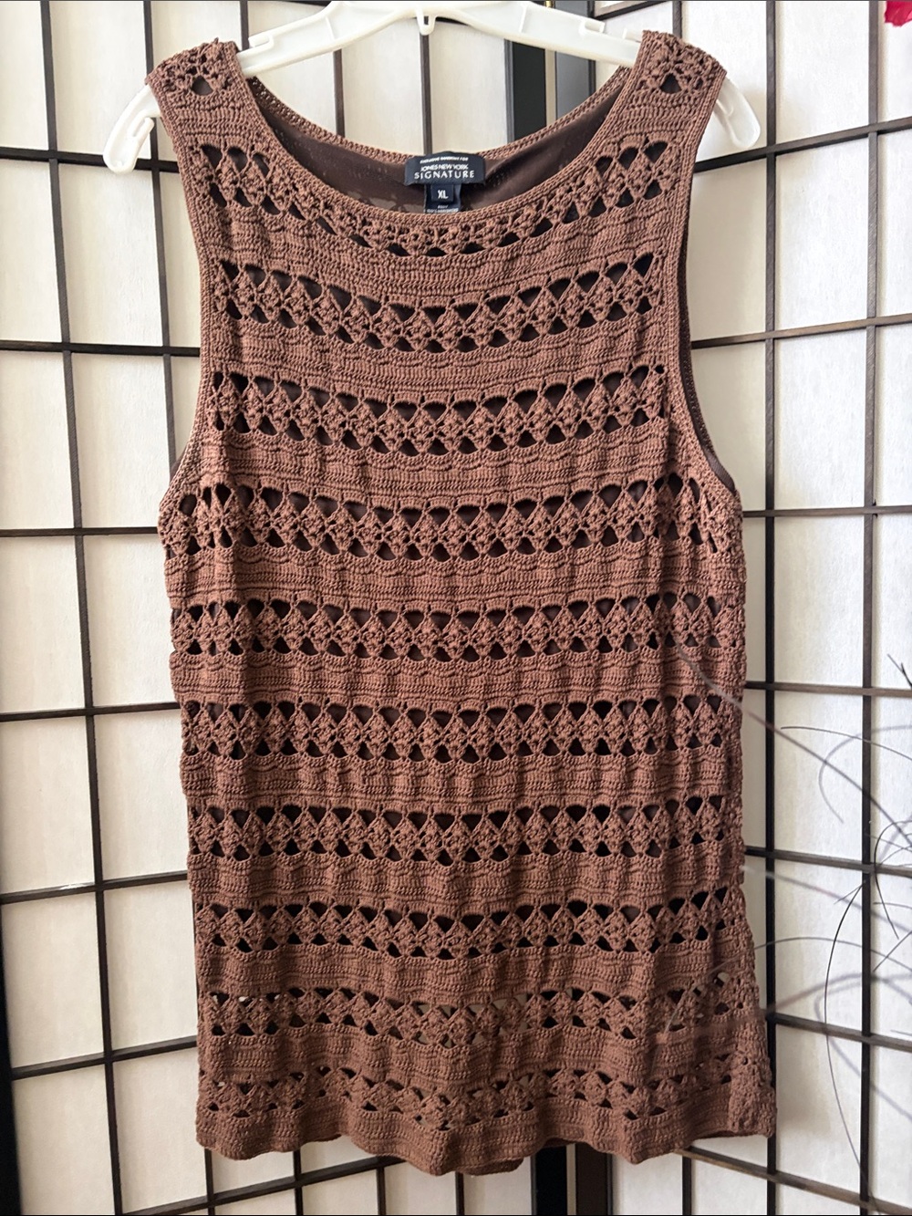 Jones New York Brown Crochet Knit Sleeveless Tunic
